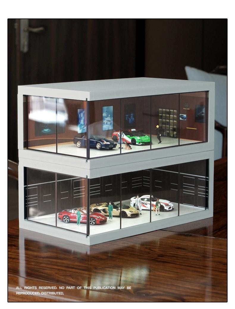 Product Introduction of Alloy die-cast car parking lot model, suitable for 1:64 scale car models, simulated garage scene, highly transparent dust-proof box, with lights, assembly model, for storing car models, for decoration and collection, a gift for boys 14