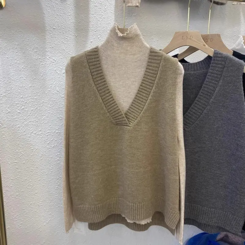 Áo Vest Len, Cổ Chữ V, Dành Cho Nữ, Phong Cách Hàn Quốc, Bên Trong Không Tay, Áo Vest Dệt Kim, Phong Cách Preppy Tối Giản, Dáng Rộng Vừa Vặn, Có Thể Mặc Ngoài Trời, Áo Vest Phong Cách Phương Tây fall&winter Women Top 4