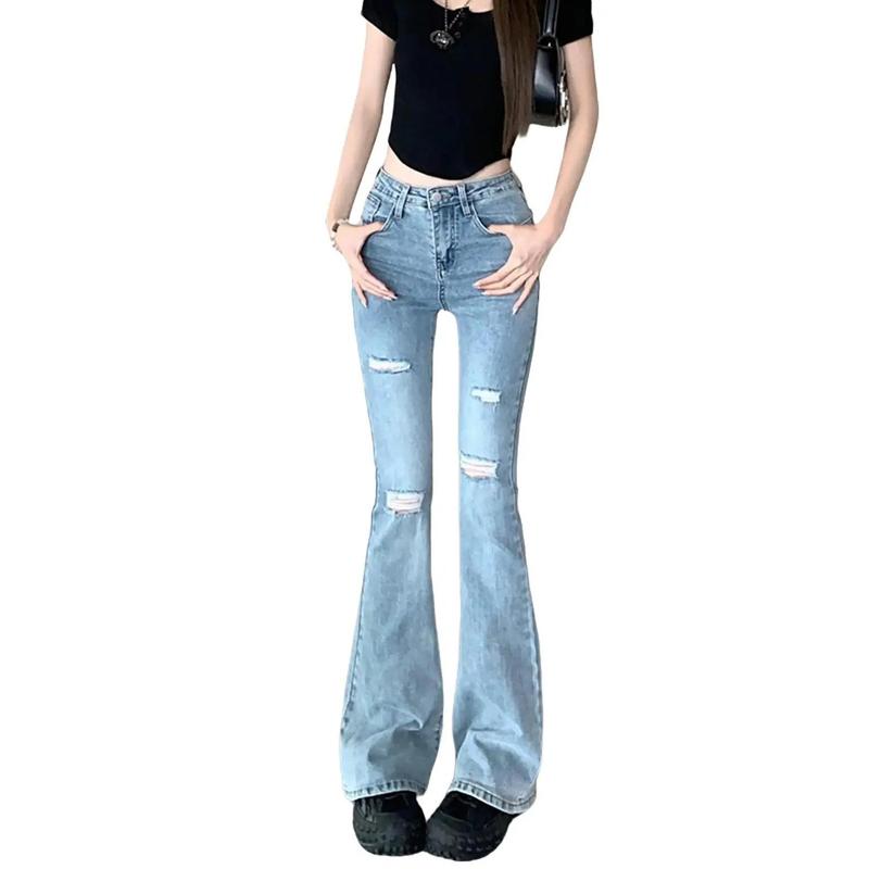 Quần Jeans Loe Ống Bát Màu Xanh Đậm Rách Lưng Cao Co Dãn Mạnh 4431 0103 Nữ Denim Pants Women Ong loe  rách bigsize gối