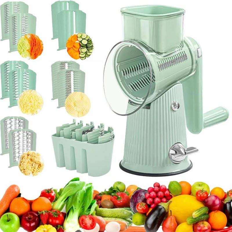 Product Introduction of Manual Rotating Cheese Grater, 1 Count 5 in 1 Replaceable Stainless Steel Blade Vegetable Chopper with Blade Storage Box, Multifunctional Vegetable Slicer for Home Kitchen Dining Room Picnic,  Kitchen Gadgets 0