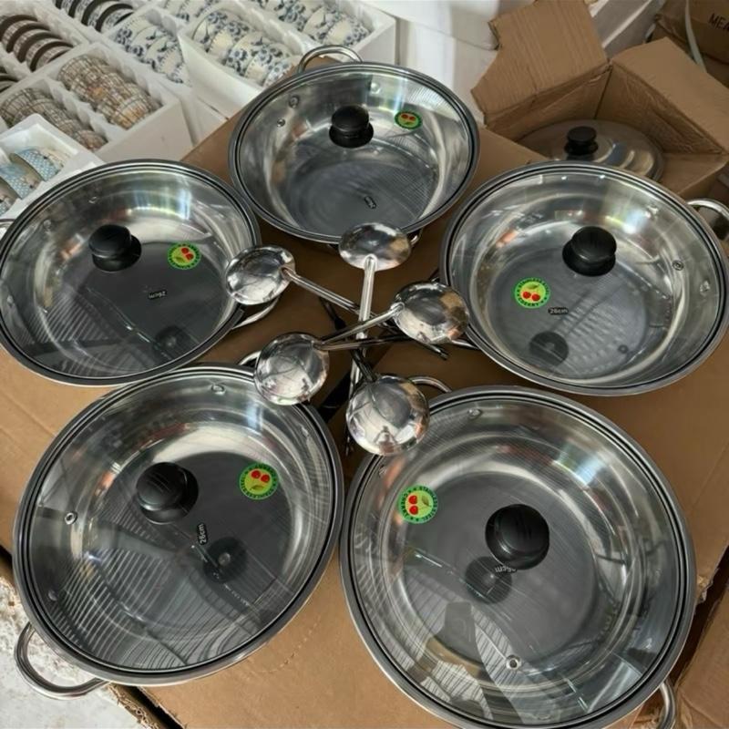 Bộ 5 nồi lẩu inox size 24cm hoặc 26cm, kèm 5 cái vá múc lẩu loại nồi inox nắp kính