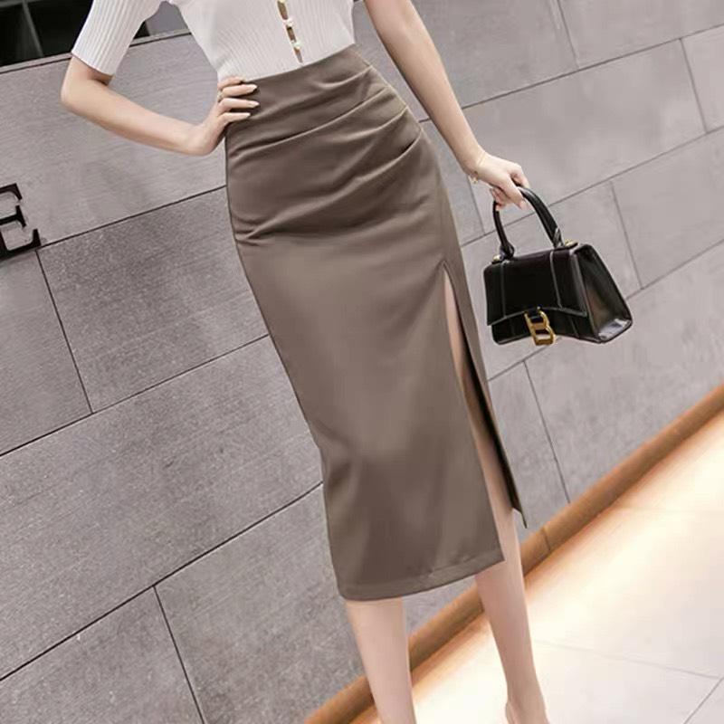 Chân váy bút chì dáng dài qua gối xẻ đùi xếp li bụng có cạp dài 68 cm Ôm gọn