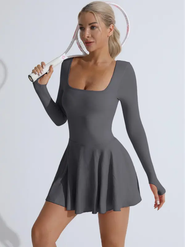 Women's Solid Criss Cross Backless 2 in 1 Sports Dress, Long Sleeve Square Neck Tennis Dress, Gym Wear, Ladies Sportswear for Indoor Outdoor Wear Valentine's Day, Gift, Activewear 7