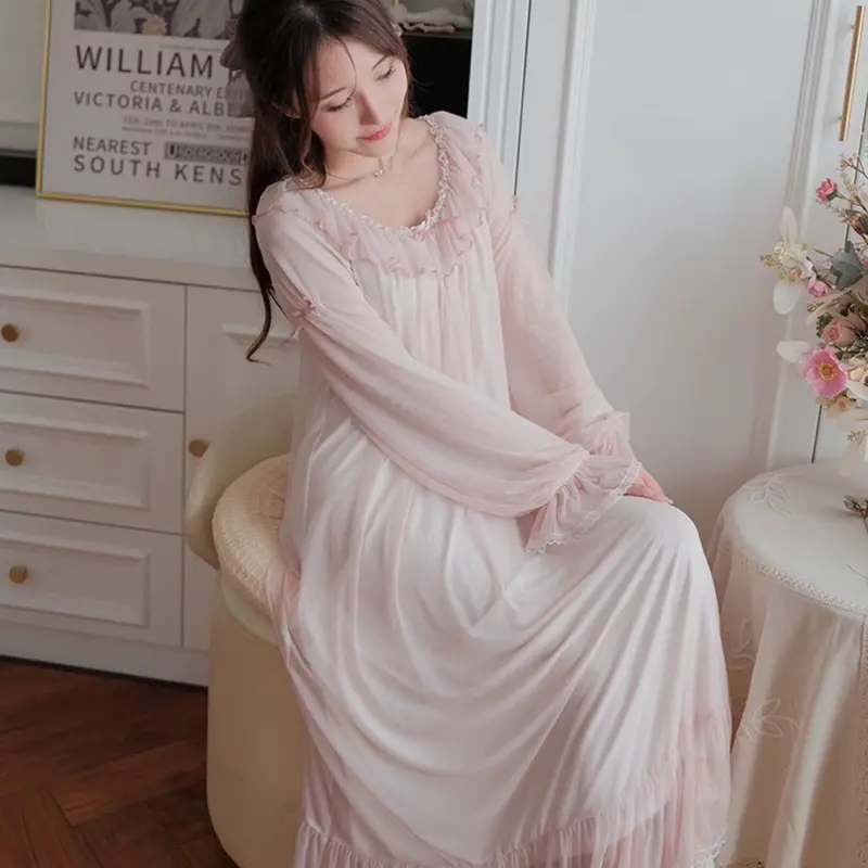 SP.355 Váy ngủ tiểu thư voan ren mềm, thun cotton cổ tròn tay bo bồng dễ thương hàng Quảng Châu cao cấp 6