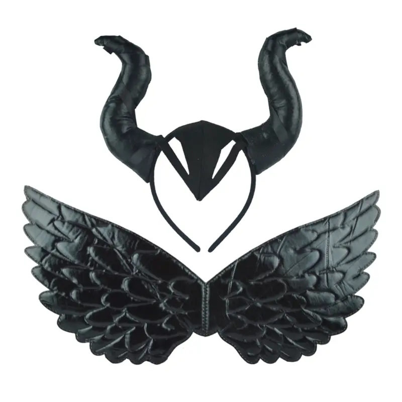Children Kids Black Fairy Devil Wing Ox Horn Headband Halloween Witch Evil Queen Hair Hoop Stage Performance Dress Up Cosplay Costume Props