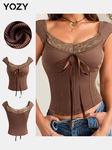 YOZY Women's Plain Contrast Floral Lace Tie Front Crop Tee, Casual Scoop Neck Cap Sleeve T-Shirt for Summer, Women's Top for Daily Wear