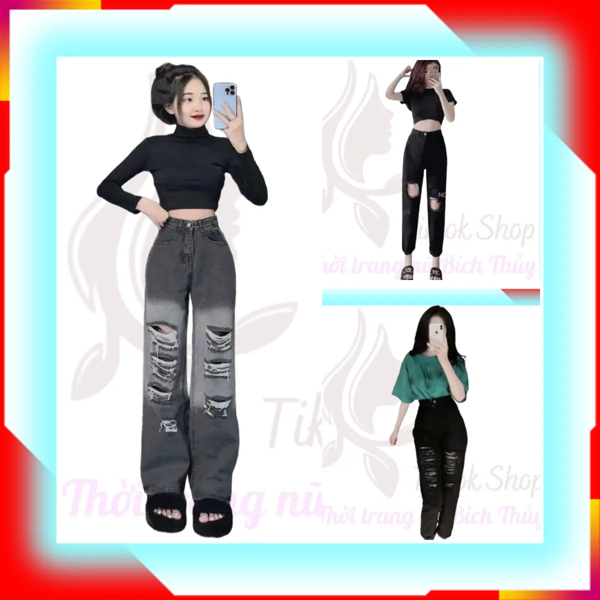 Quần jean nữ rách, quần baggy nữ lưng cao rách te tua màu đen chất vải dày dặn không co giãn Denim Pants Women  đường phố