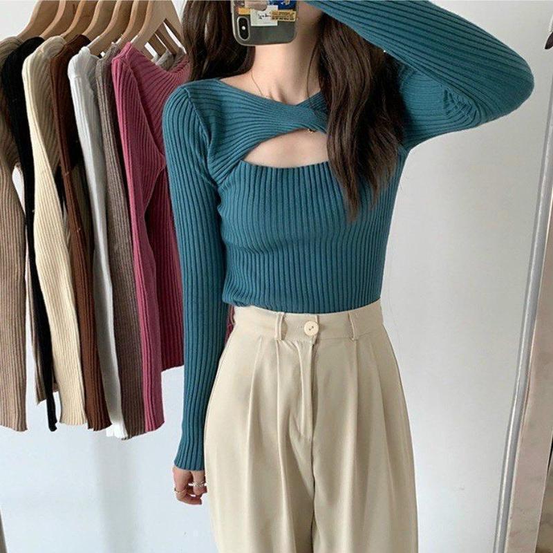 Áo len dài tay đan chéo khoét ngực xinh xắn T2386 Nữ Top