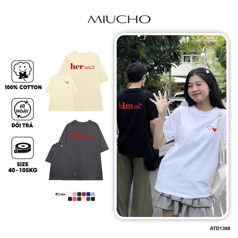 Áo thun cặp đôi couple đáng yêu from rộng ATD1368 Miucho vải cotton cổ tròn in Typography