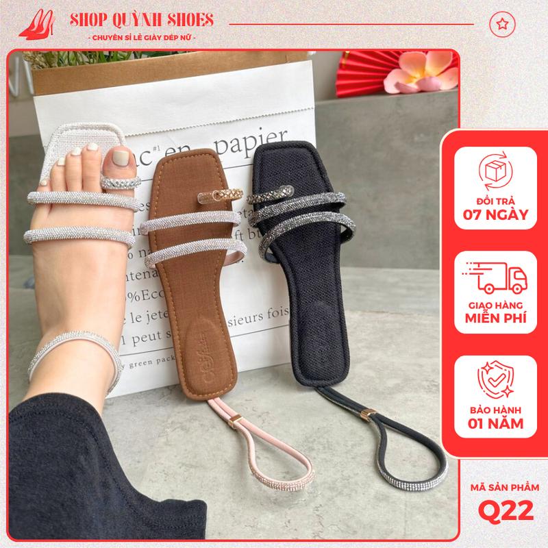 Giày nữ sandal xỏ ngón quai ngang 2 dây đính đá xoàng sang chảnh dép nữ đi học đi làm có quai hậu mũi vuông - Shop Quỳnh Shoes Q22 DéP