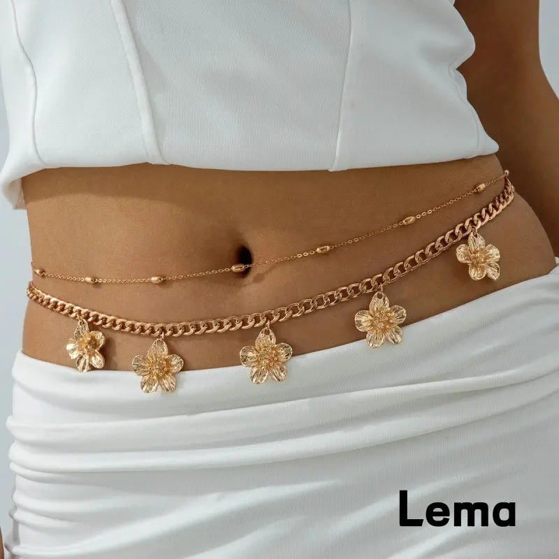 [Lema] Gelang pinggang rantai logam berhias bunga 3D desain stylish Q363