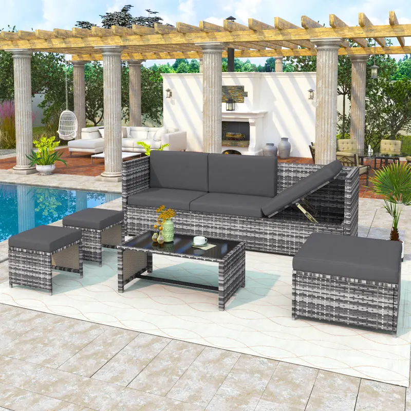All-Weather Rattan Outdoor Furniture Set - Silver Wicker Sectional Sofa with Coffee Table & Machine-Washable Cushions, Patio Conversation Set for Garden, Balcony or Deck Couches 1