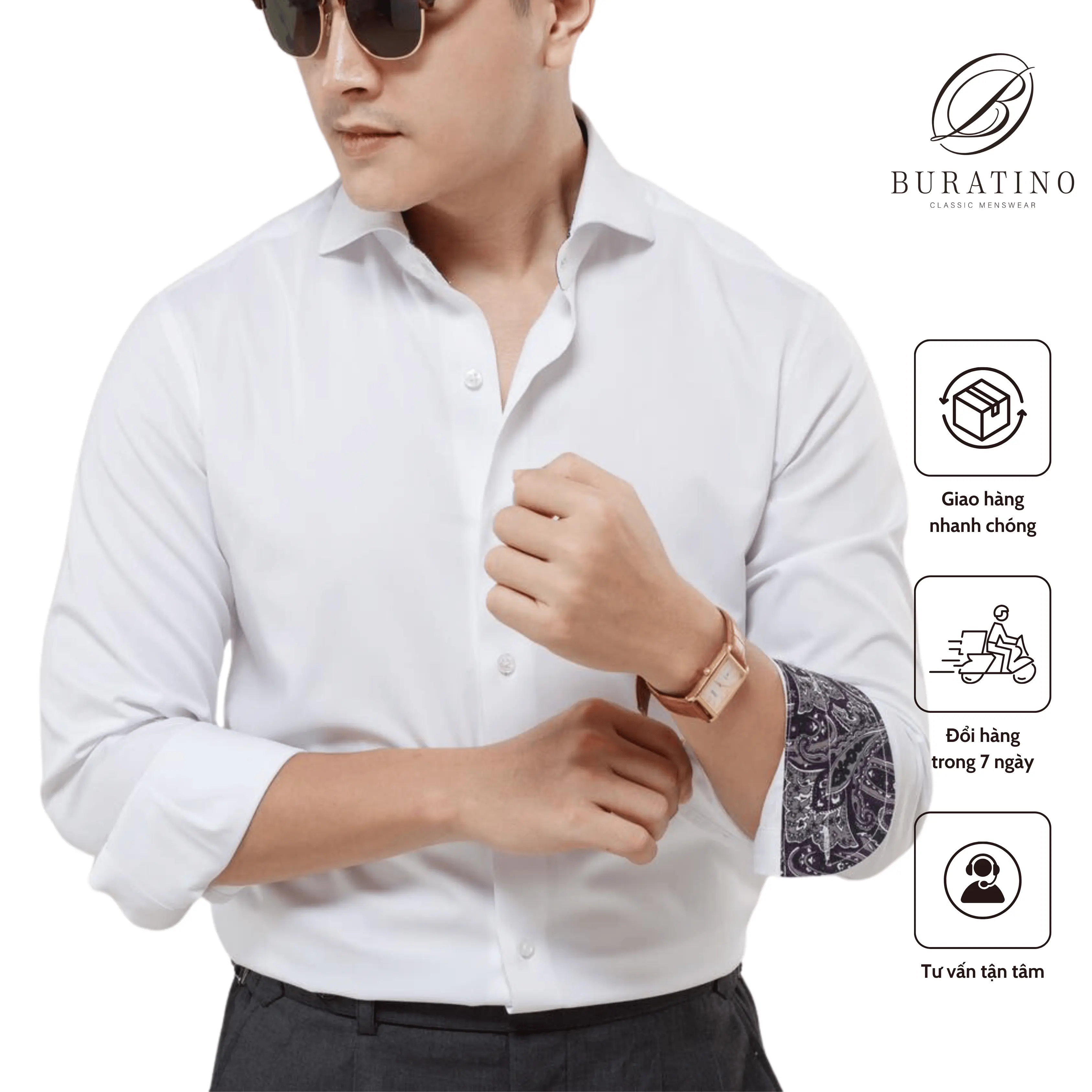 Sơ mi nam 2 màu đen trắng chất liệu bamboo phối họa tiết cổ Cut away - BURATINO