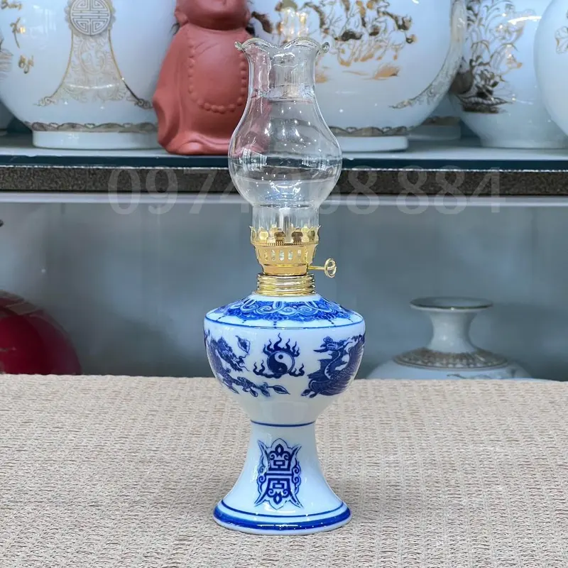 Đèn Dầu Ban Thờ, Ban Thần Tài Gốm Sứ Bát Tràng Men Lam (có bóng) 2