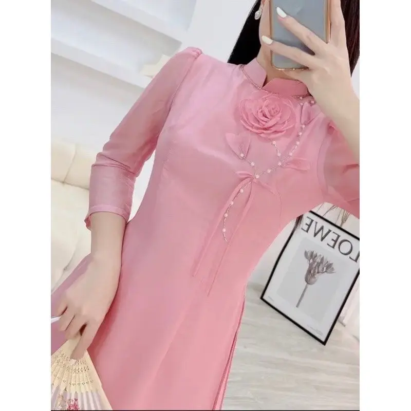 Áo dài An An - Áo dài cách tân đính hoa tay bồng. Phù hợp đi dạy học, lễ tết, chụp hình… Nữ Women Voan Dress Voi Sen Màu Hồng đen đính nơ cúc 4 tà Hoa Sen 4