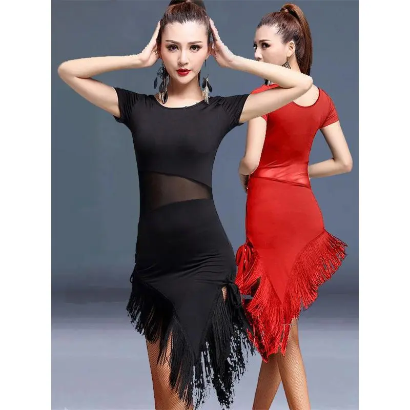 Trang Phục Khiêu Vũ Latin, Dành Cho Nữ Người Lớn Tất Cả Các mùa Mới, Cao Cấp, Hình Ảnh Ống Hơi, ngắn Tay, Váy Xẻ Tà Tua Rua, Màu Đỏ, Quần Áo Tập Thể Dục