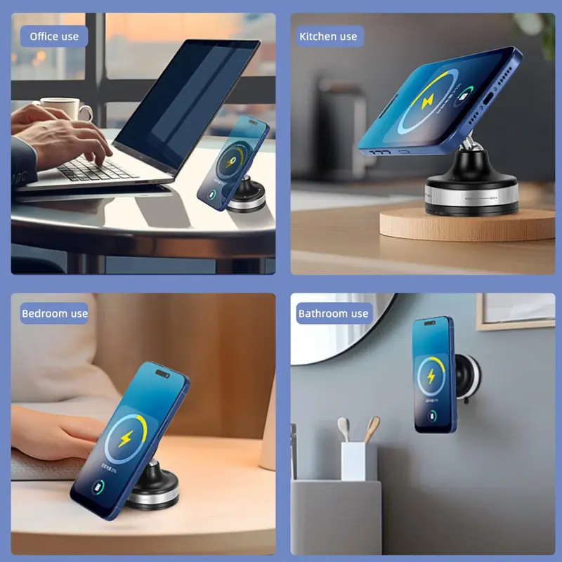 360° Vacuum Magnetic Phone Holder, 2 in 1 Wireless Charger Vacuum Adsorption Magnetic Phone Holder, Kitchen Bathroom Fixed Wall Mobile Phone Holder 7