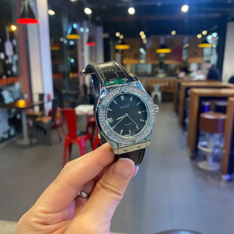 Hugi Đồng Hồ dây da Nam nữ luxury 603 basic dây da niềng đá cao cấp, sang trọng. Đồng hồ đeo tay thời trang, phụ kiện đẹp. Kiềng Watch 2
