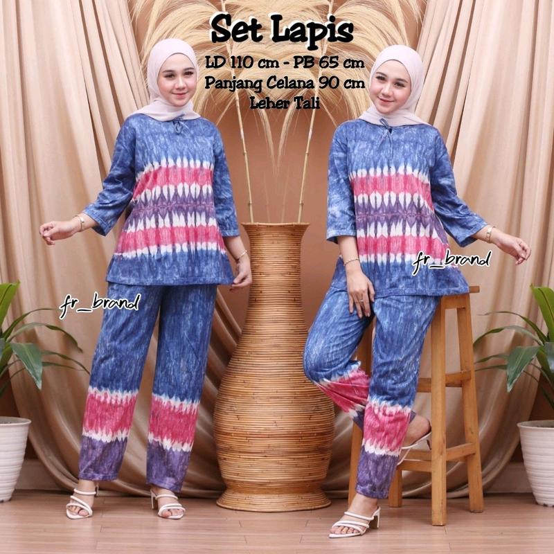 Baju One Set Setelan Wanita Kekinian Tiedye Matt Kaos Katun Lengan 3/4 Leher Tali Nyaman dipakai Celana panjang Motif Batik Dewasa 3