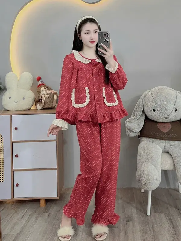 Bộ nữ mặc nhà Đũi mềm Màu Đỏ siêu dễ thương Women Áo Quần Ngủ freesize 40-60kg 8