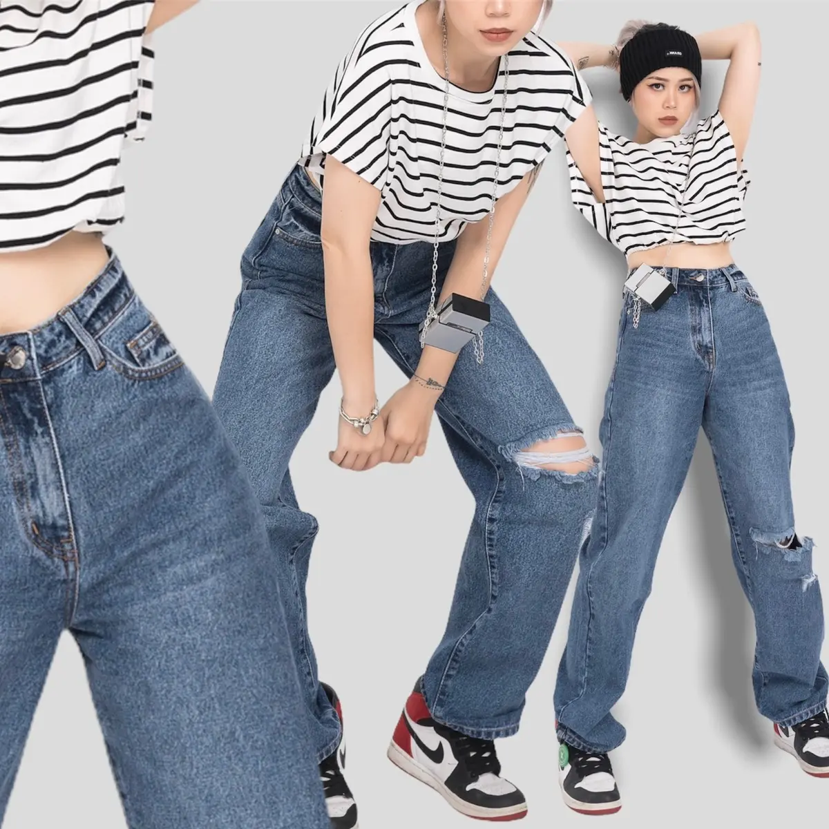 MIDDUA - JN209 Suông ống đứng nữ denim, rách gối to