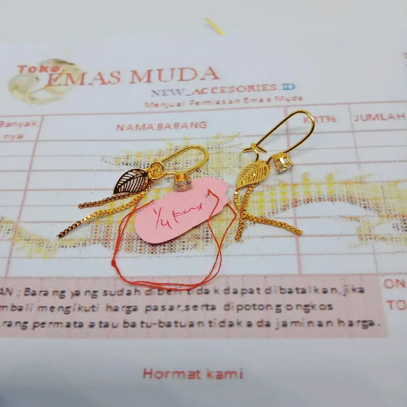 Anting jurai daun clip lapis emas kadar rendah free surat toko 2