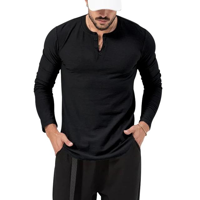 Áo Thun Nam, Cổ Tròn, Màu Trơn Cài Nút, Dài Tay, Henley, Áo Sơ Mi Lớp Nền Thể Thao Thường Ngày 7