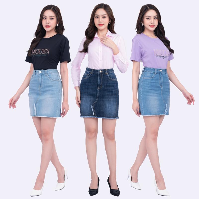 Chân váy jean ngắn 101 dáng bút chì ôm cạp cao trên rốn form nhỏ Thái Hòa 23CJW-101 95% cotton- 5% spandex