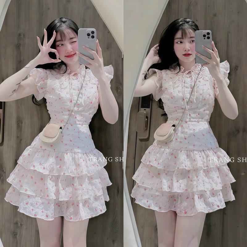 Đầm váy nữ xốp hoa tay cánh tiên cổ cao thắt nơ xếp tầng nút bọc ( có lót quần ) xinh xắn, dễ thương, duyên dáng phù hợp cho các nàng diện đi tiệc, đi chơi, đi du lịch