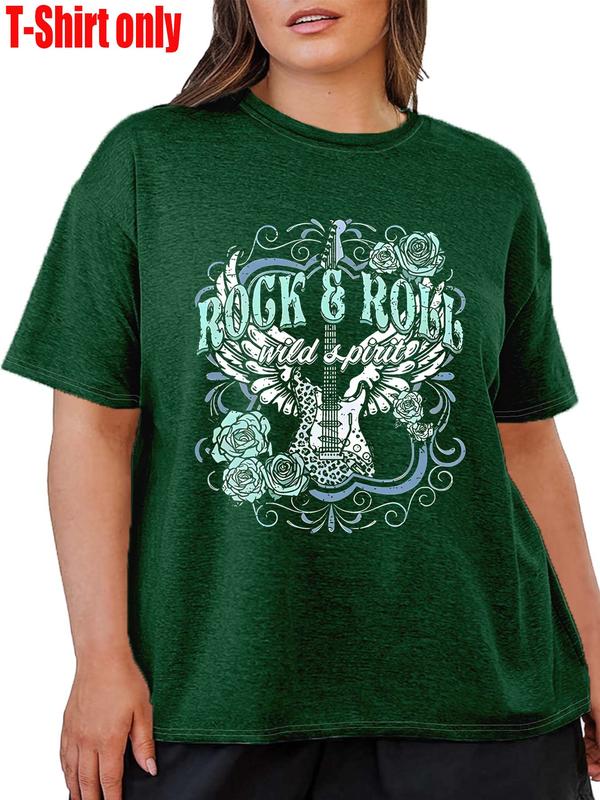 【Plus Size】 Women's Rock & Roll Letter & Guitar Print Round Neck Tee, Casual Short Sleeve T-shirt for Daily Wear, Ladies Clothes for All Seasons 0