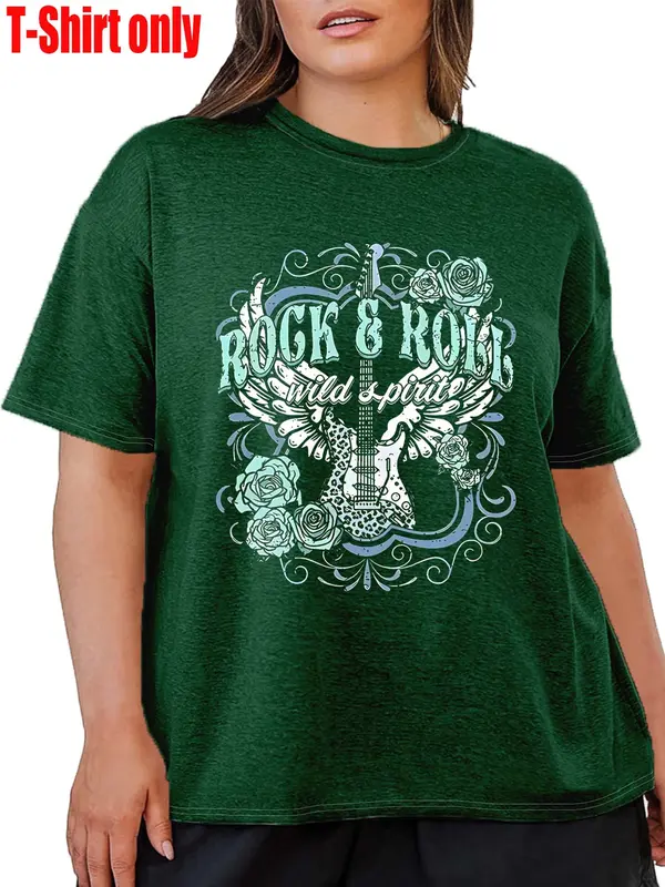 【Plus Size】 Women's Rock & Roll Letter & Guitar Print Round Neck Tee, Casual Short Sleeve T-shirt for Daily Wear, Ladies Clothes for All Seasons 0