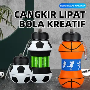 Botol Minum Lipat Anak Karakter Olahraga - Tumbler Sedotan Silikon Basket & Sepak Bola