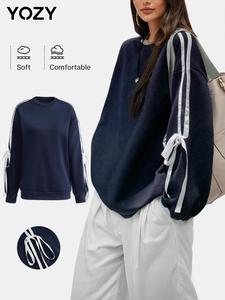 YOZY Women's Plain Side Stripe Drop Shoulder Pullover, Casual Tie Side Long Sleeve Round Neck Sweatshirt for Fall & Winter, Women's Clothes for Daily Wear