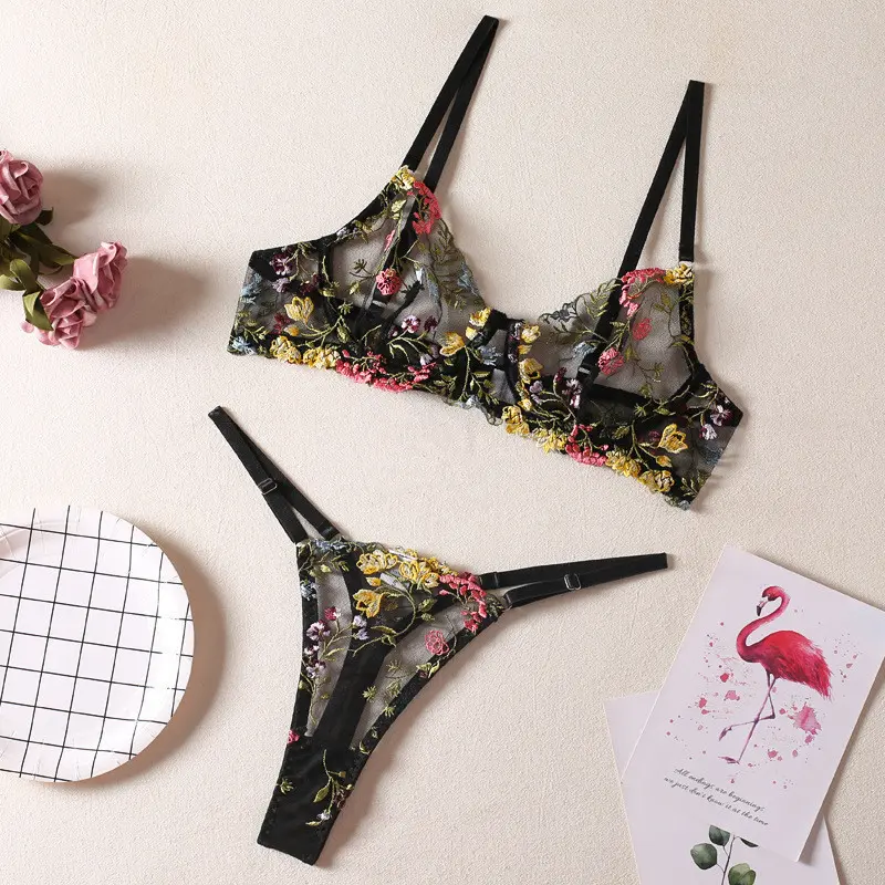 Set Bra Renda, Untuk Wanita, Berwayar, Tekan Tubi, Tidak ada pad, Berongga, Pakaian Dalam Seksi, Set Tong
