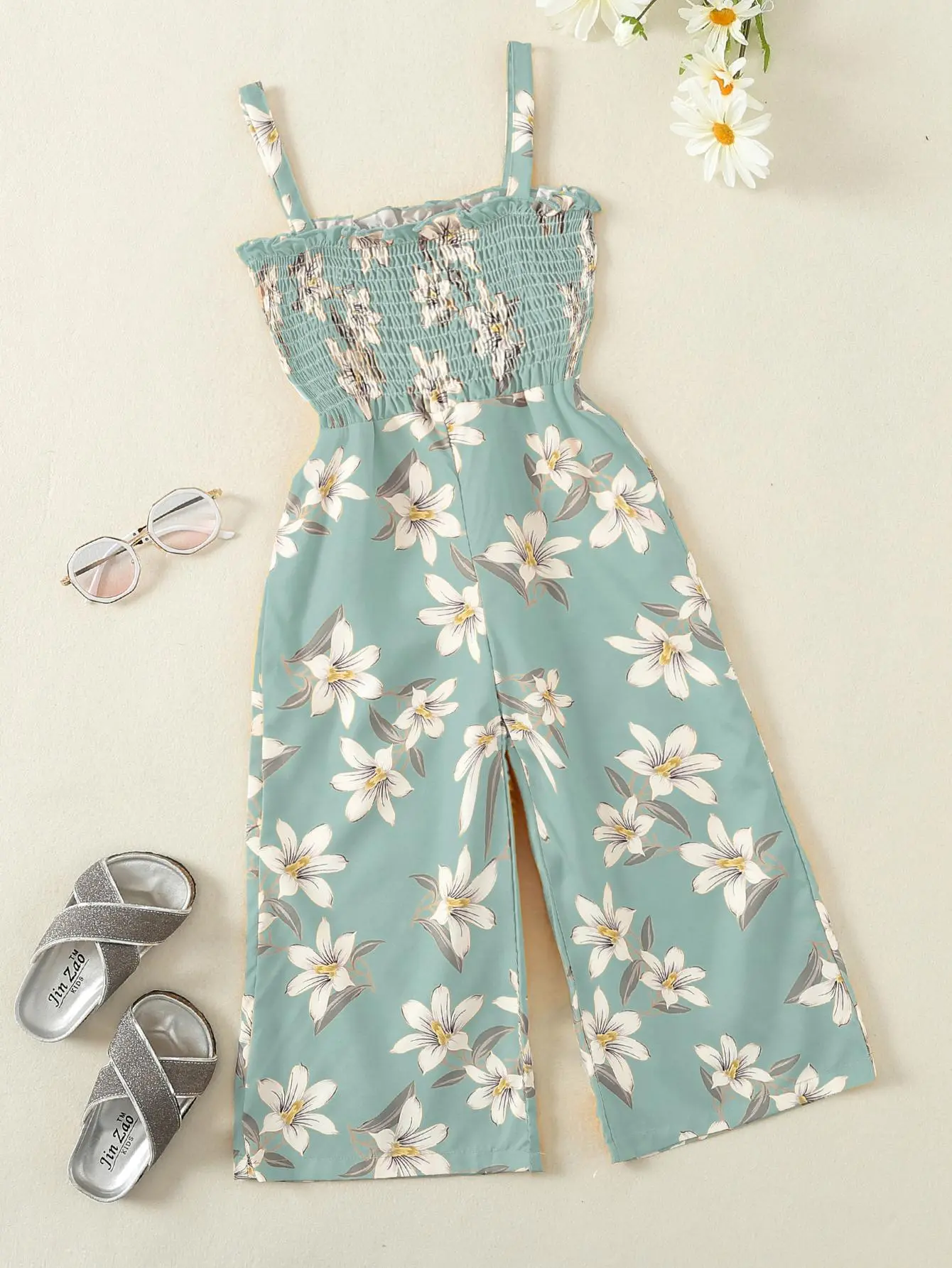 Toddler Girl's Summer Shirred Frill Floral Print Jumpsuit,  All Over Print Cami Jumpsuit for Kids, Boho Style Fashion Trendy Summer Clothes, Summer Outfits 2024