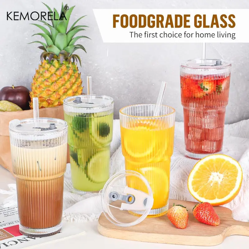 20oz Glass Cup with Lid & Straw, 1/2 Counts/set Glass Tumbler with Straw & Lid, Vintage Glassware for Whiskey Cocktail Beer Iced Coffee, Kitchenware, Drinkware, Summer Cool Bottle, Drinking Glassware 4