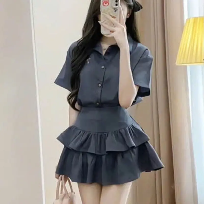 Set bộ đồ nữ áo sơ mi thêu nơ nhỏ mix chân váy 2 tầng hottrend B324 SUTANO 2