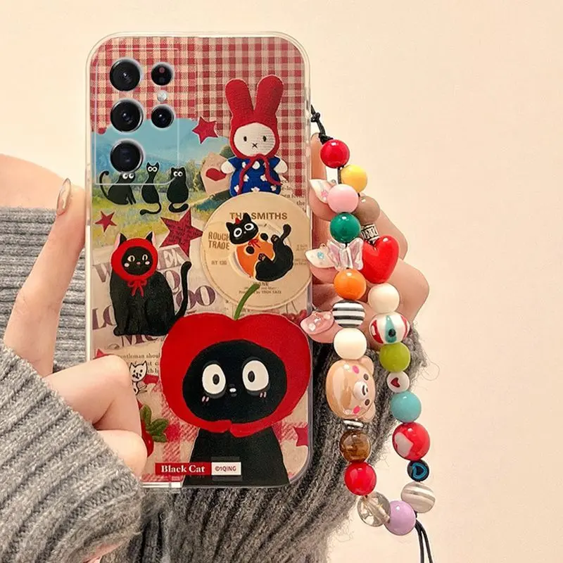 Applicable to Samsung S24ultra Phone Case Funny Cat Bracelet Niche Hong Kong Style Good-looking Drop-Proof Unique