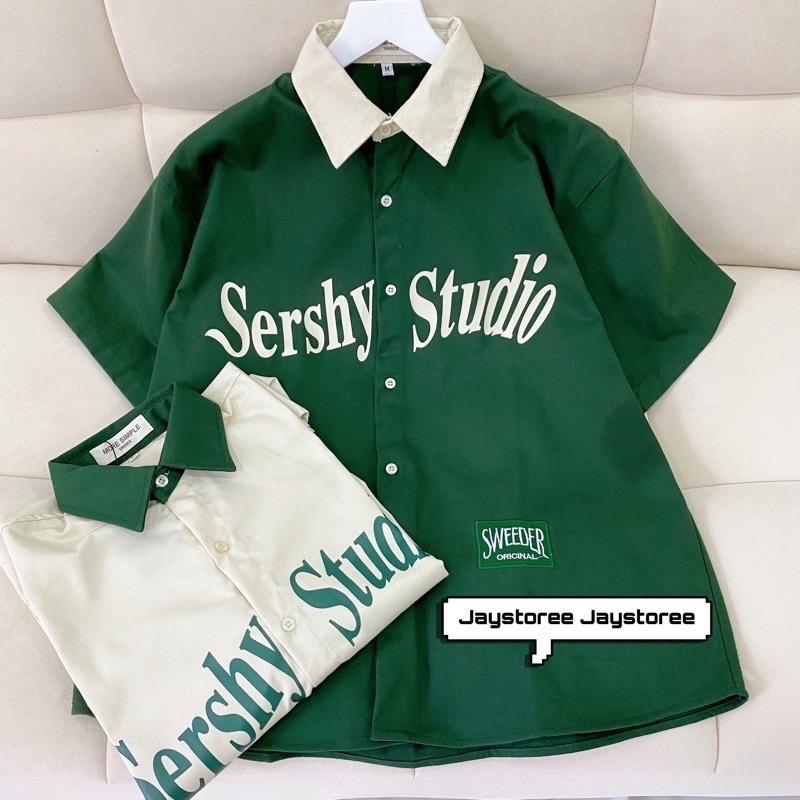 Áo sơmi kaki tay lỡ in chữ SershyStudio form rộng nam nữ unisex Menswear Cổ Tròn Menswear Cổ Tròn Trắng áo