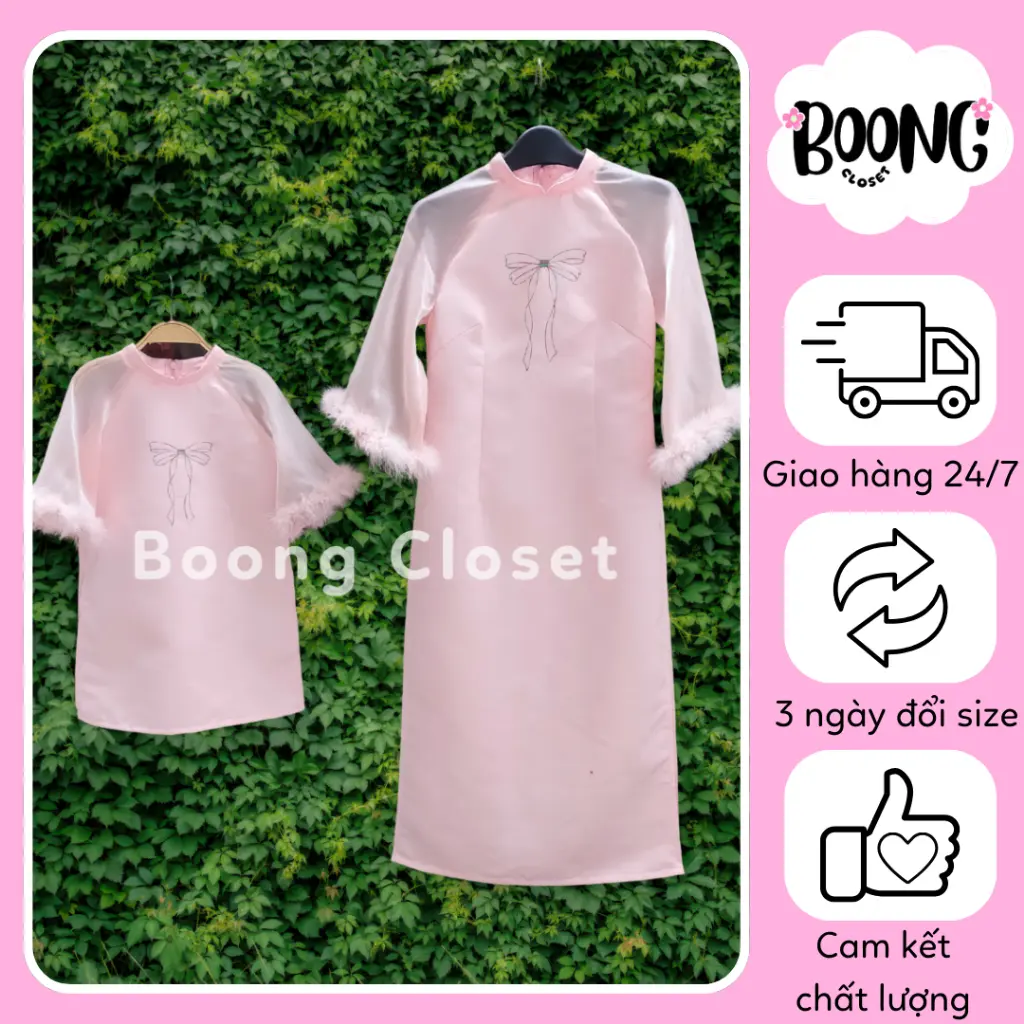 Áo dài đôi cho mẹ và bé, áo dài thêu nơ, tay đính lông vũ, chất liệu tafta cao cấp Nữ