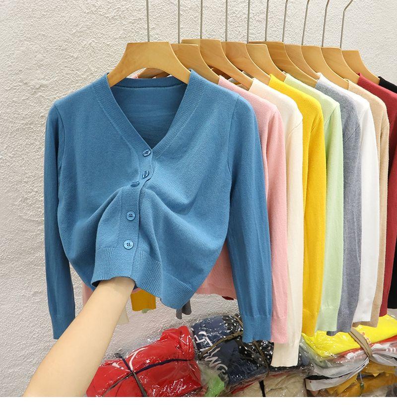 Product Introduction of Áo Khoác Cardigan Dệt Kim, Cổ Chữ V, Ngắn, Dành Cho Nữ, Hàng Mới Về Mùa Thu 2024, Màu Trơn Áo Len Bên Ngoài, Áo Len Dài Tay Women Top 2