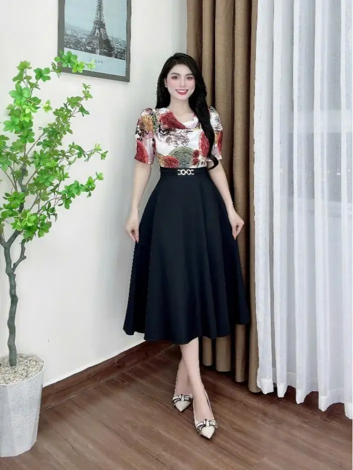 MÃ 945: ĐẦM CỔ ĐỔ PHỐI DÁNG LỬNG CC Nữ Women