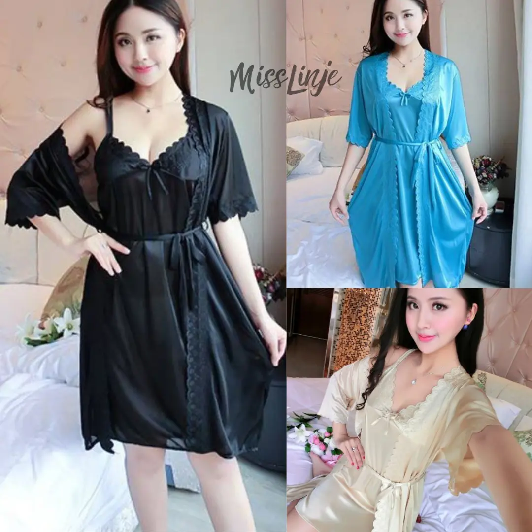 Baju Tidur Wanita Setelan Lingerie Kimono Satin Premium Bisa Buat Seserahan Kado Nikah Ready Stok