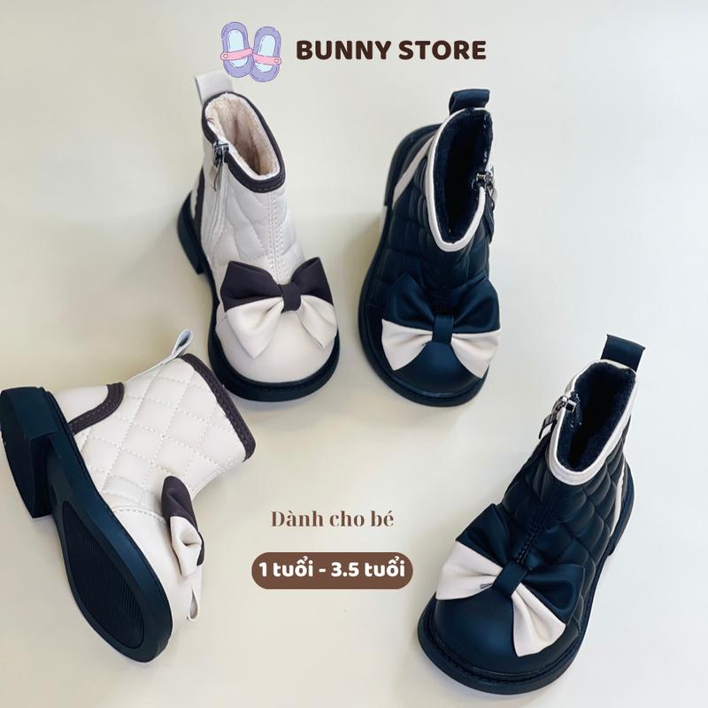Giày boot bé gái bốt thời trang cao cổ gắn nơ Bunny Store, giày cho bé gái từ 1 đến 3,5 tuổi da mềm lót lông BN53