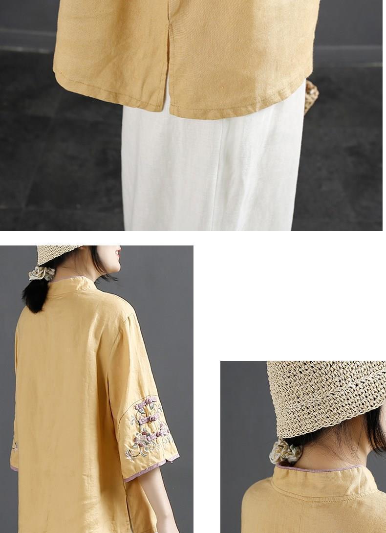 Product Introduction of Oemg2024 Summer New Chinese Style Retro Cotton and Linen Shirt Women's Chinese Style Stand-up Collar Frog Button Top Embroidered Cotton Tea Clothes 11