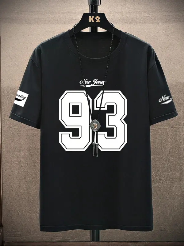 Men's Number 93 & Letter Print Short Sleeve Graphic Tee, Regular Fit Casual Round Neck T-shirt for Summer, Men's Top for Daily Wear 2
