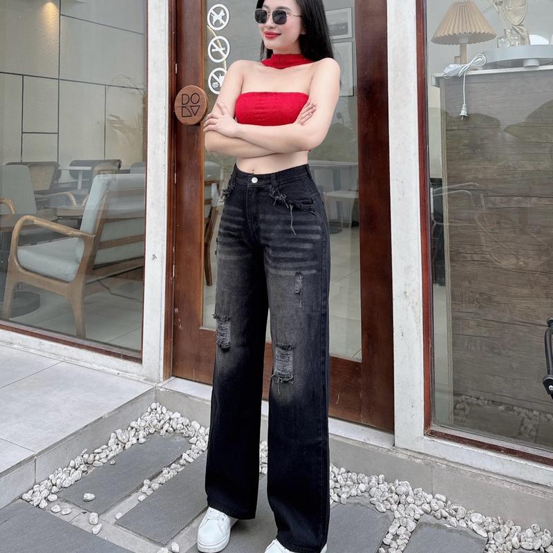 ( NẤM LÙN SUÔNG 1M55 ) QUẦN JEANS SUÔNG, QUẦN BÒ SUÔNG RÁCH THỜI TRANG, HÀNG QCCC MẪU MỚI NỮ ms50  Pants Women