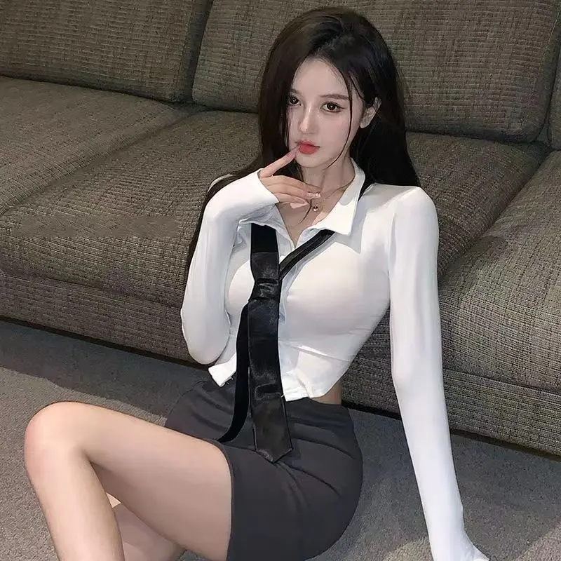[13000 People Collection] Suit Pure Desire Style Pure Desire White Shirt Slim Slimming Hot Girl Short Top Long Sleeve Shirt Half-Length Pure Desire