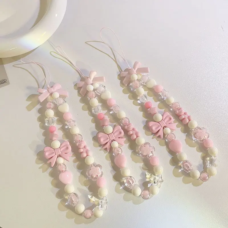 Girl's Bowknot Chain Wrist Phone Strap Beaded Universal for iPhone Phone Lanyard