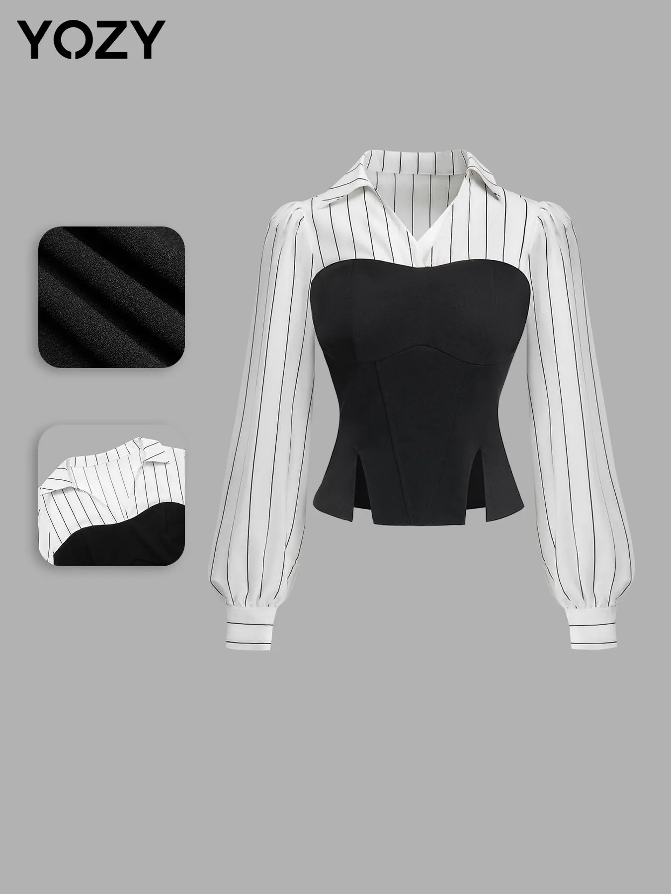 YOZY Women's 2 in 1 Striped Print Bishop Sleeve Blouse, Elegant Long Sleeve Collared Top for Work Office Business, Ladies Clothes for All Seasons